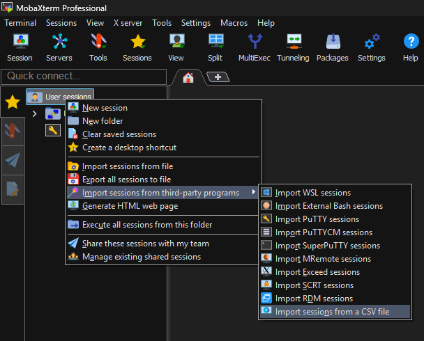 Import sessions menu